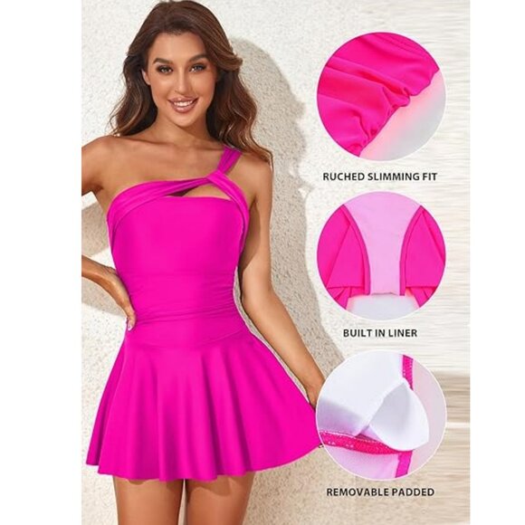 Hot Pink One Shoulder One Piece Swim Dress/Swimsuit M *NWOT* - Picture 6 of 9